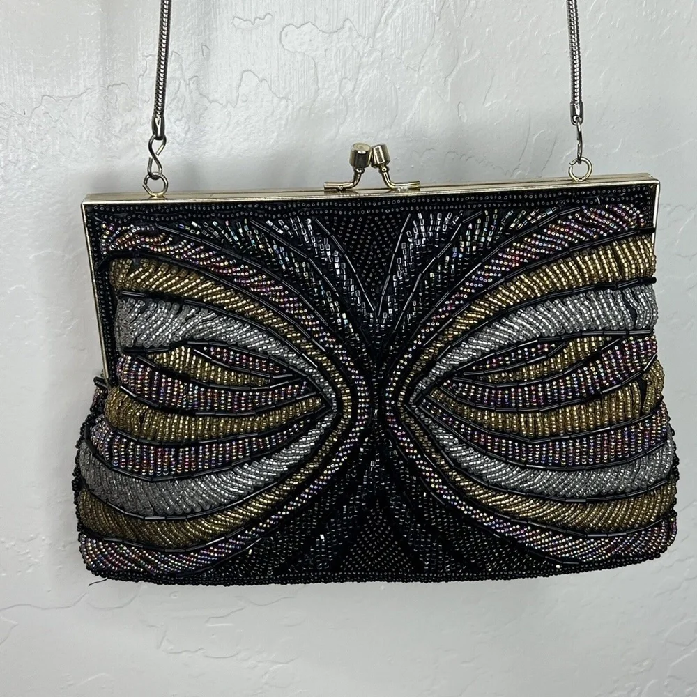 Vintage La Regale Beaded Black Crossbody Bag Evening Purse Chain Strap Handmade